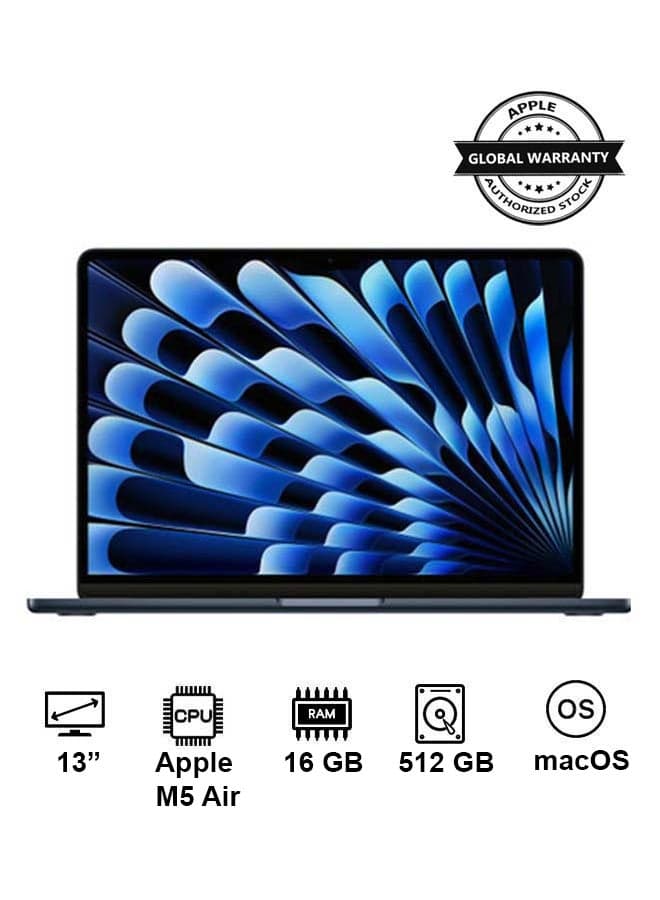 New 2026 MacBook Air MDHE4 13 Inch Display | M5 Air 10-Core CPU 8-Core GPU | 16GB RAM | 512GB SSD | macOS | English Keyboard | International Version | Midnight